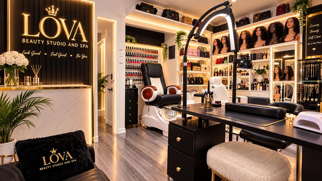 Interior of the LOVA lounge with velvet spa bed and gold retail shelving